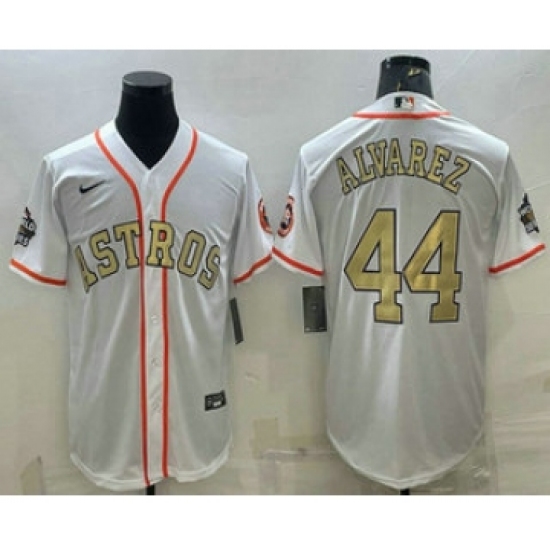 Men's Houston Astros #44 Yordan Alvarez White Gold 2022 World Series Champions Stitched Cool Base Nike Jersey - Ujersey