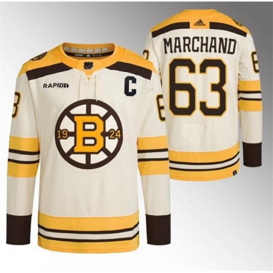 Men's Boston Bruins #63 Brad Marchand Cream With Rapid7 100th Anniversary Stitched Jersey - Ujersey
