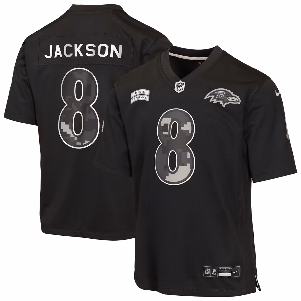 Youth Baltimore Ravens Lamar Jackson Nike Black 2026 Salute to Service Game Jersey - ujerseystore