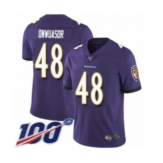 Men's Baltimore Ravens #48 Patrick Onwuasor Purple Team Color Vapor Untouchable Limited Player 100th Season Football Jersey - Ujersey