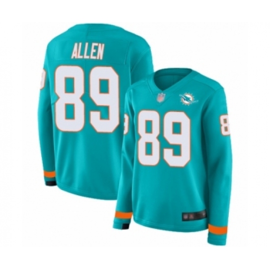 Women's Miami Dolphins #89 Dwayne Allen Limited Aqua Therma Long Sleeve Football Jersey - Ujersey