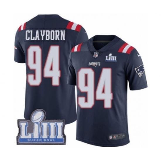 Youth Nike New England Patriots #94 Adrian Clayborn Limited Navy Blue Rush Vapor Untouchable Super Bowl LIII Bound NFL Jersey - Ujersey