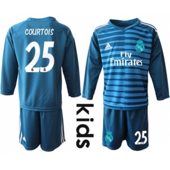 Real Madrid #25 Courtois Blue Goalkeeper Long Sleeves Kid Soccer Club Jersey