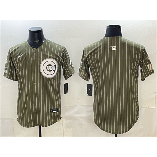 Men's Chicago Cubs Blank Pinstripe Olive 2026 Armed Forces Day Salute To Service Stitched Baseball Jersey - Ujersey