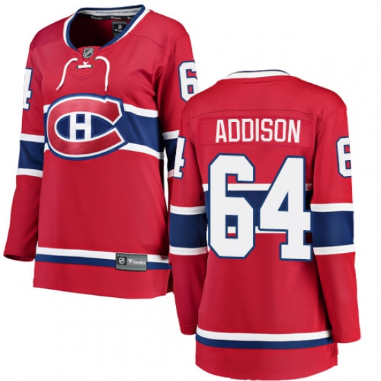 Women's Montreal Canadiens #64 Jeremiah Addison Authentic Red Home Fanatics Branded Breakaway NHL Jersey - Ujersey