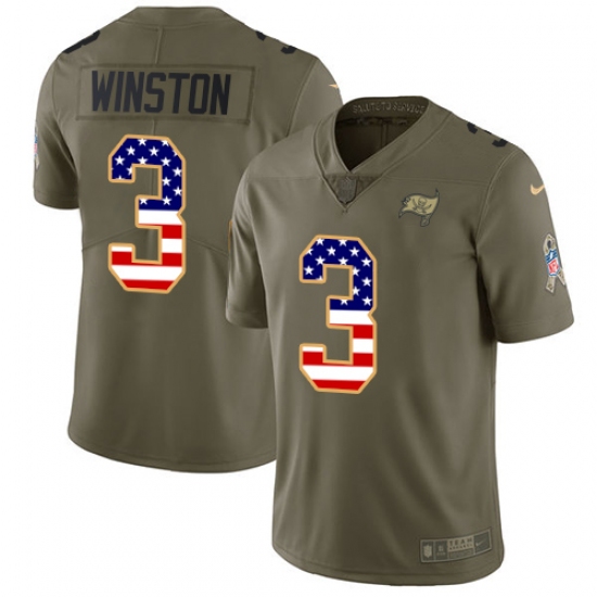 Youth Nike Tampa Bay Buccaneers #3 Jameis Winston Limited Olive/USA Flag 2017 Salute to Service NFL Jersey - Ujersey