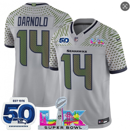 Men's Seattle Seahawks #14 Sam Darnold Gray 2025 F.U.S.E. Super Bowl LX And 50th Season “Rivalries” Vapor Limited Football Stitched Jersey
