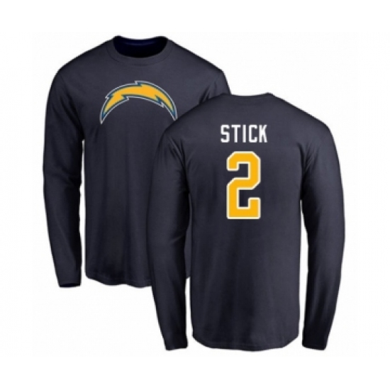 Football Los Angeles Chargers #2 Easton Stick Navy Blue Name & Number Logo Long Sleeve T-Shirt - Ujersey
