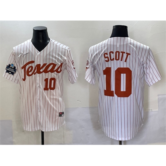 Men's Texas Longhorns #10 Mia Scott White Pinstripe 2025 World Series & SEC Patch Stitched Jersey - Ujersey