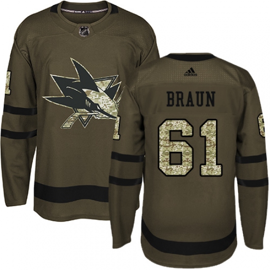 Men's Adidas San Jose Sharks #61 Justin Braun Premier Green Salute to Service NHL Jersey - Ujersey