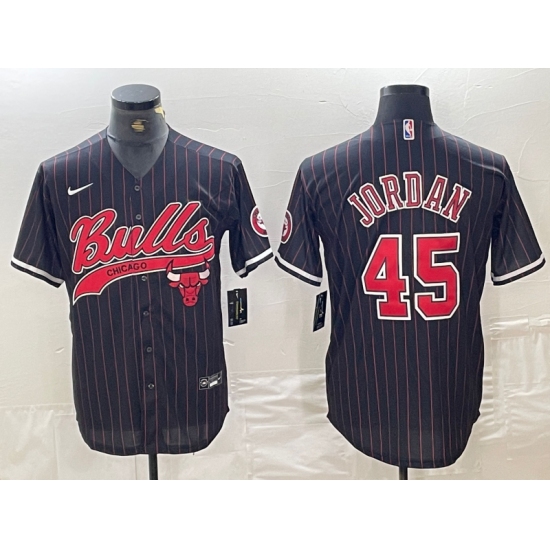 Men's Chicago Bulls #45 Michael Jordan Black Pinstripe Cool Base Stitched Baseball Jersey - Ujersey