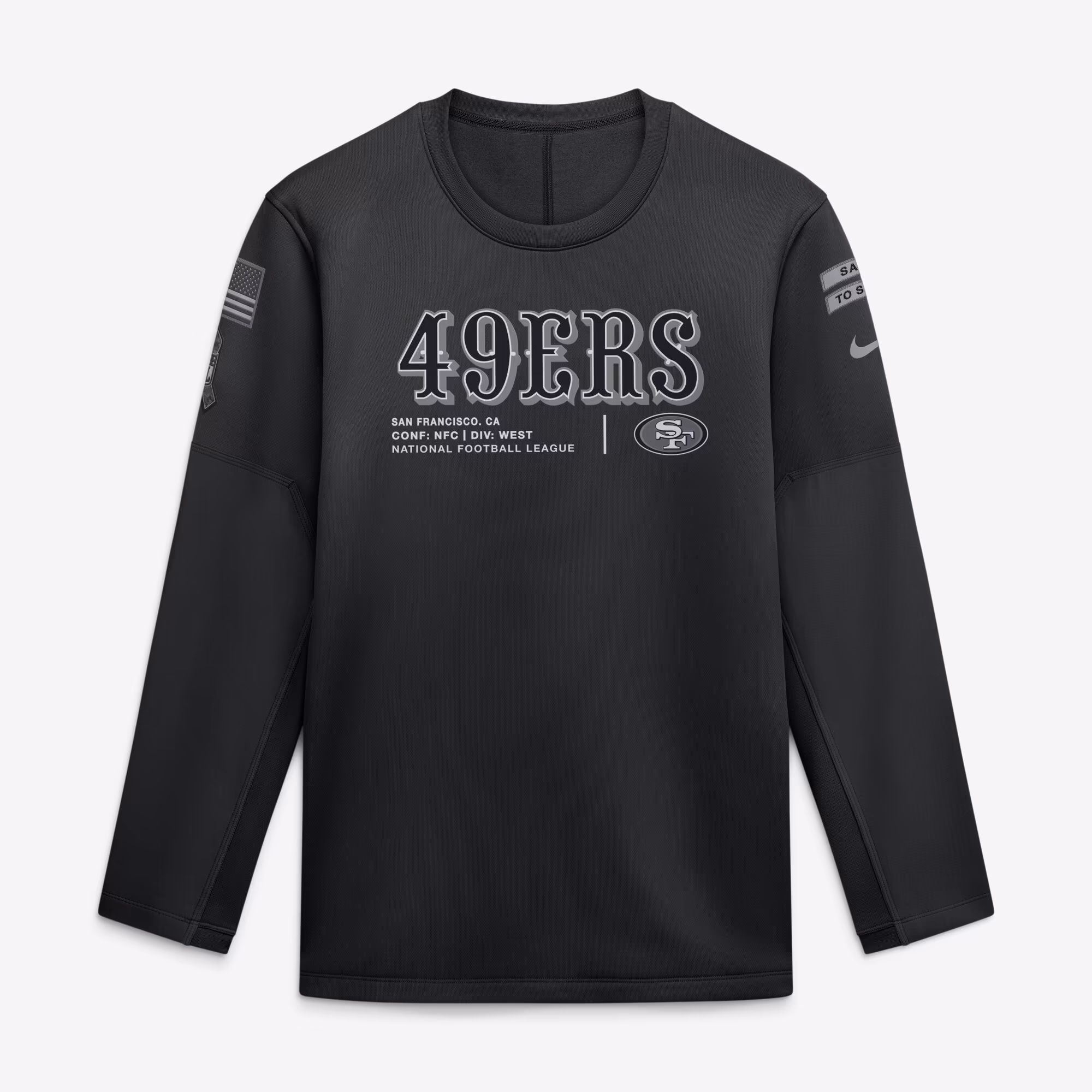 Men's San Francisco 49ers  Nike Black 2026 Salute to Service Sideline Coaches Crewneck Therma-FIT Sweatshirt - Ujersey Shop