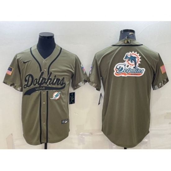 Men's Miami Dolphins Olive Salute to Service Team Big Logo Cool Base Stitched Baseball Jersey - Ujersey