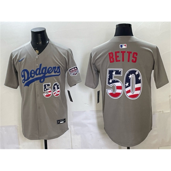 Men's Los Angeles Dodgers #50 Mookie Betts Gray 250 Fourth of July Road Stitched Baseball Jersey - Ujersey