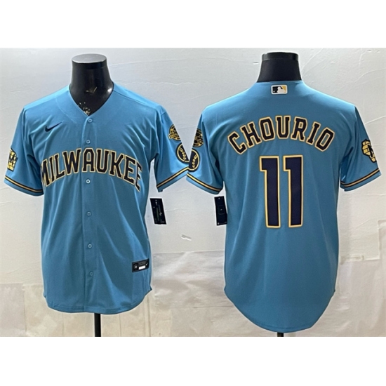 Men's Milwaukee Brewers #11 Jackson Chourio Blue With Home & Bob Uecker Stitched Baseball Jersey