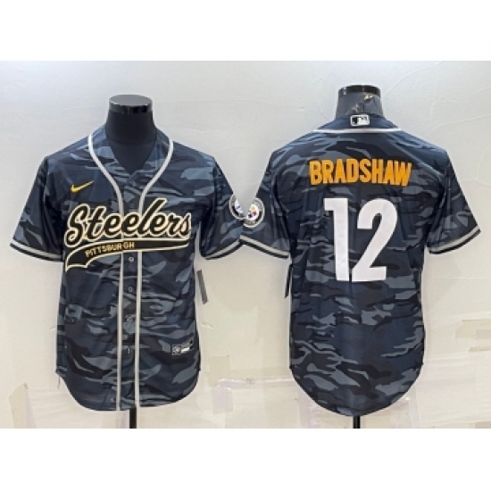 Men's Pittsburgh Steelers #12 Terry Bradshaw Grey Navy Camo With Patch Cool Base Stitched Baseball Jersey - Ujersey