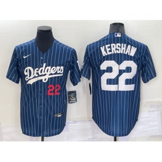 Men's Los Angeles Dodgers #22 Clayton Kershaw Number Red Navy Blue Pinstripe Stitched MLB Cool Base Nike Jersey - Ujersey