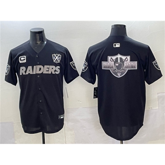 Men's Las Vegas Raiders Team Big Logo Black With Nevada Silver Stat And 65th Anniversary 3-Star C Stitched Baseball Jersey - Ujersey