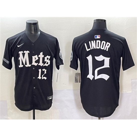 Men's New York Mets #12 Francisco Lindor Black 'Gotham Gothic Edition' Vapor Premier Limited Stitched Baseball Jersey - Ujersey