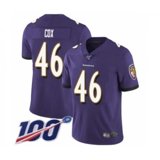 Men's Baltimore Ravens #46 Morgan Cox Purple Team Color Vapor Untouchable Limited Player 100th Season Football Jersey - Ujersey