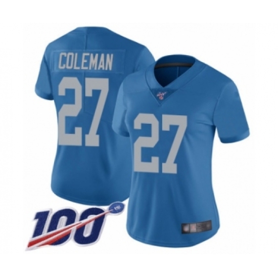 Women's Detroit Lions #27 Justin Coleman Blue Alternate Vapor Untouchable Limited Player 100th Season Football Jersey - Ujersey