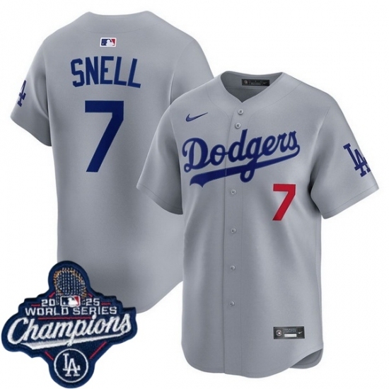 Men's Los Angeles Dodgers 7 Blake Snell Cool Base 2025 World Champions Stitched Baseball Jersey Gray - Ujersey