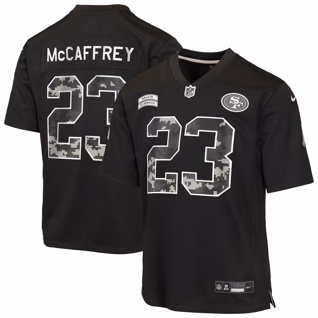 Youth San Francisco 49ers Christian McCaffrey Nike Black 2026 Salute to Service Game Jersey - ujerseystore