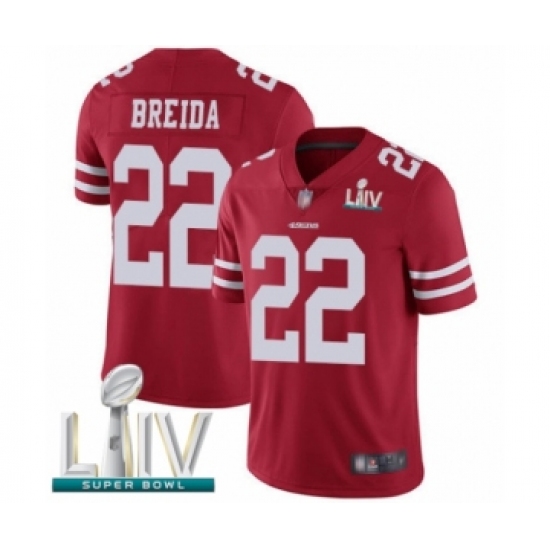 Men's San Francisco 49ers #22 Matt Breida Red Team Color Vapor Untouchable Limited Player Super Bowl LIV Bound Football Jersey - Ujersey