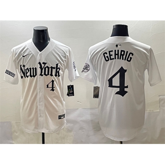 Men's New York Yankees #4 Lou Gehrig White 'Gothic Legacy Edition' Vapor Premier Limited Stitched Baseball Jersey - Ujersey