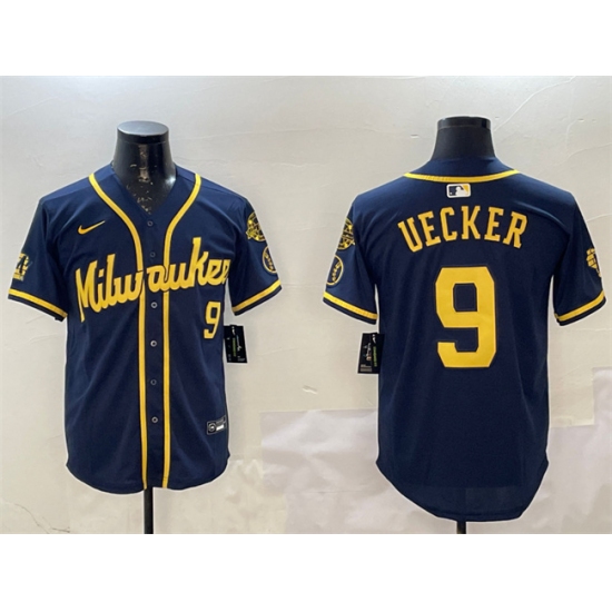 Men's Milwaukee Brewers #9 Bob Uecker Navy With Home Limited Stitched Baseball Jersey - Ujersey