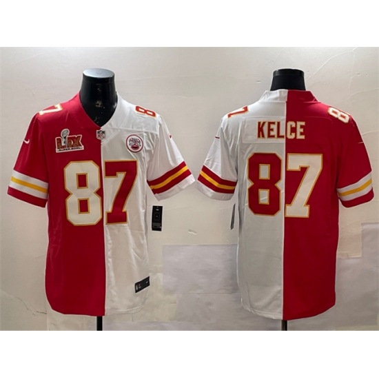 Men's Kansas City Chiefs #87 Travis Kelce Red & White Split 2025 Super Bowl LIX Vapor Limited Stitched Football Jersey - Ujersey