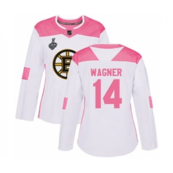 Women's Boston Bruins #14 Chris Wagner Authentic White Pink Fashion 2019 Stanley Cup Final Bound Hockey Jersey - Ujersey