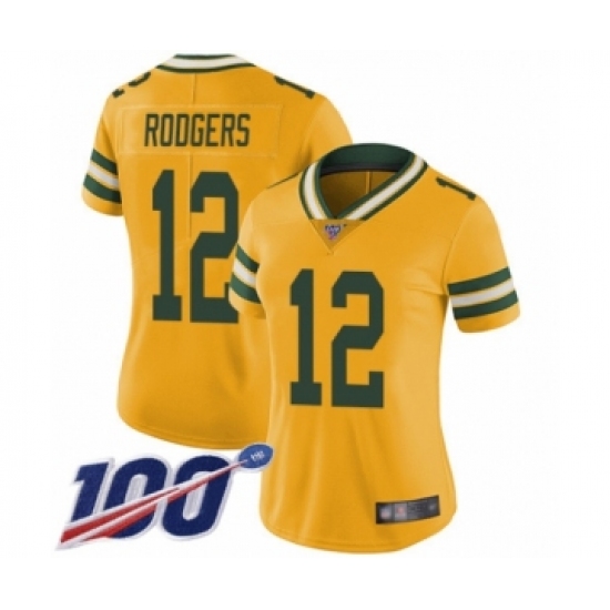 Women's Green Bay Packers #12 Aaron Rodgers Limited Gold Rush Vapor Untouchable 100th Season Football Jersey - Ujersey