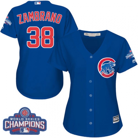 Women's Majestic Chicago Cubs #38 Carlos Zambrano Authentic Royal Blue Alternate 2016 World Series Champions Cool Base MLB Jersey - Ujersey