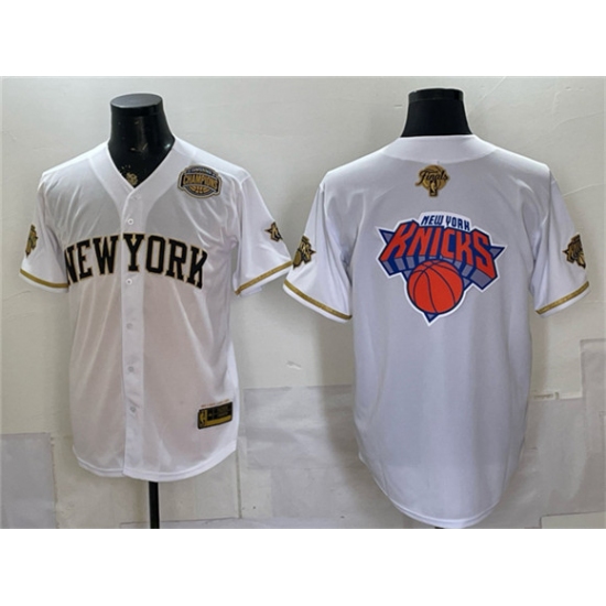 Men's New York Knicks Team Big Logo White Gold 2026 Finals & Eastern Conference Champions Stitched Baseball Jersey - Ujersey