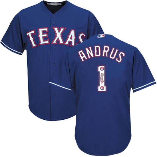 Men's Majestic Texas Rangers #1 Elvis Andrus Authentic Royal Blue Team Logo Fashion Cool Base MLB Jersey - Ujersey