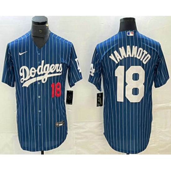 Men's Los Angeles Dodgers #18 Yoshinobu Yamamoto Number Blue Pinstripe Cool Base Stitched Baseball Jersey1 - Ujersey
