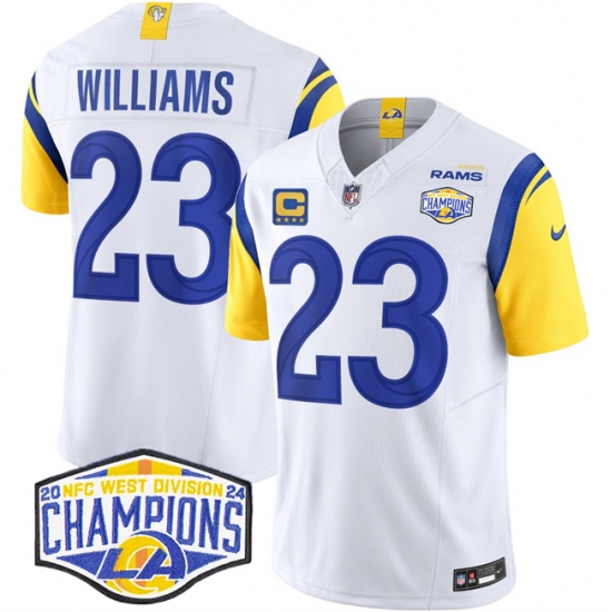 Men's Los Angeles Rams #23 Kyren Williams White 2024 NFC West Champions With 4-Star C F.U.S.E. Vapor Untouchable Stitched Football Jersey