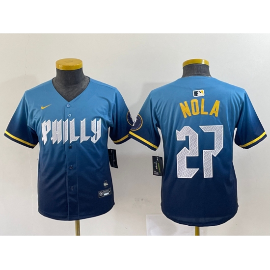 Youth Philadelphia Phillies #27 Aaron Nola Blue 2024 City Connect Limited Stitched Jersey - Ujersey