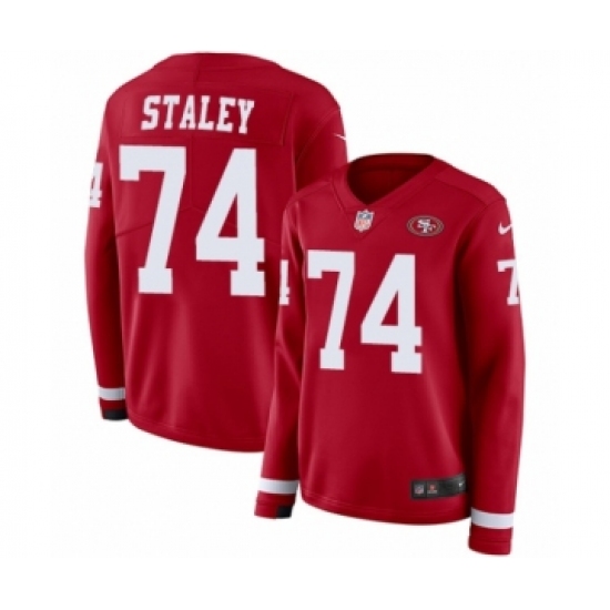 Women's Nike San Francisco 49ers #74 Joe Staley Limited Red Therma Long Sleeve NFL Jersey - Ujersey