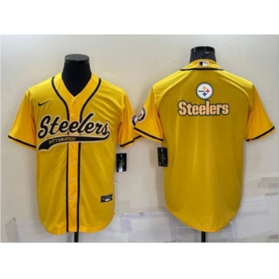 Men's Pittsburgh Steelers Gold Team Big Logo With Patch Cool Base Stitched Baseball Jersey - Ujersey