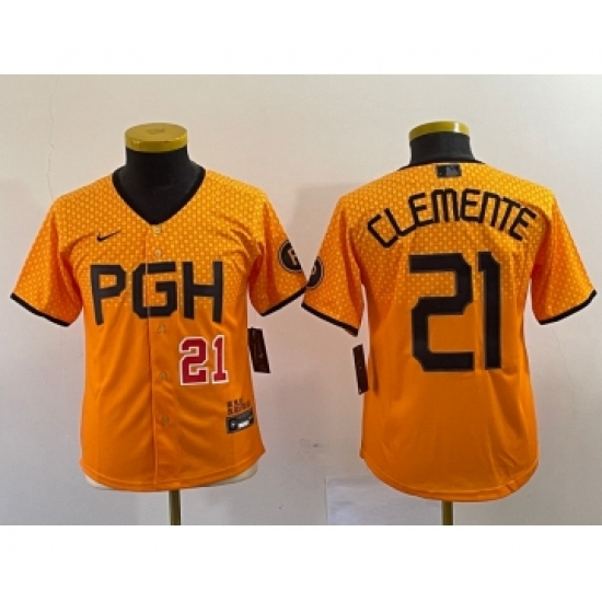 Youth Nike Pittsburgh Pirates #21 Roberto Clemente Number Yellow 2023 City Connect Stitched Jersey - Ujersey