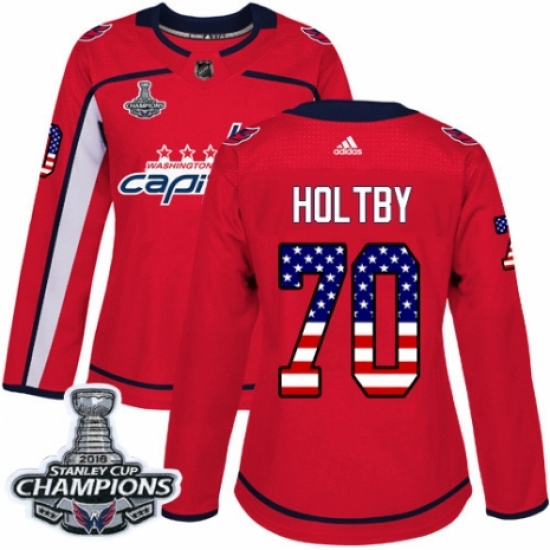 Women's Adidas Washington Capitals #70 Braden Holtby Authentic Red USA Flag Fashion 2018 Stanley Cup Final Champions NHL Jersey - Ujersey