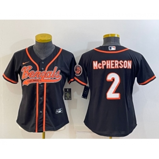 Women's Cincinnati Bengals #2 Evan McPherson Black With Patch Cool Base Stitched Baseball Jersey - Ujersey