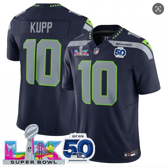Men's Seattle Seahawks #10 Cooper Kupp Navy 2025 F.U.S.E. Super Bowl LX And 50th Season Vapor Limited Football Stitched Jersey - Ujersey