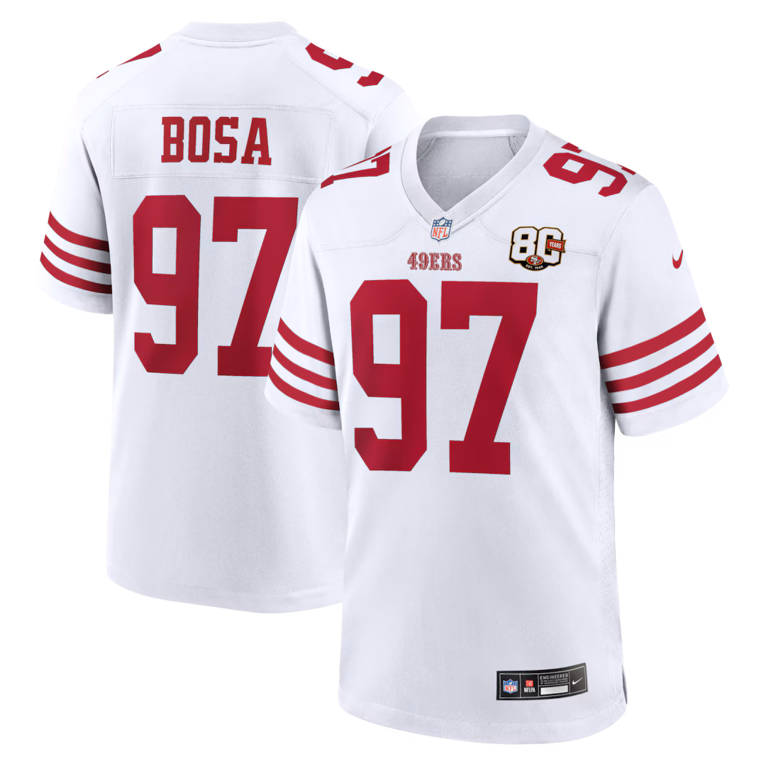 Men's San Francisco 49ers Nick Bosa Nike White 80th Anniversary Game Jersey