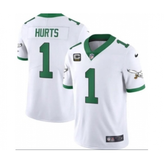 Men's Philadelphia Eagles #1 Jalen Hurts White Kelly Green With C Jersey - Ujersey