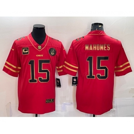 Men's Kansas City Chiefs #15 Patrick Mahomes Red Gold With C Patch Stitched Football Jersey - Ujersey