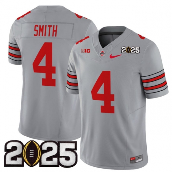 Men's Ohio State Buckeyes #4 Jeremiah Smith Grey 2025 CFP Final Patch F.U.S.E. Vapor Limited Stitched Football Jersey - Ujersey
