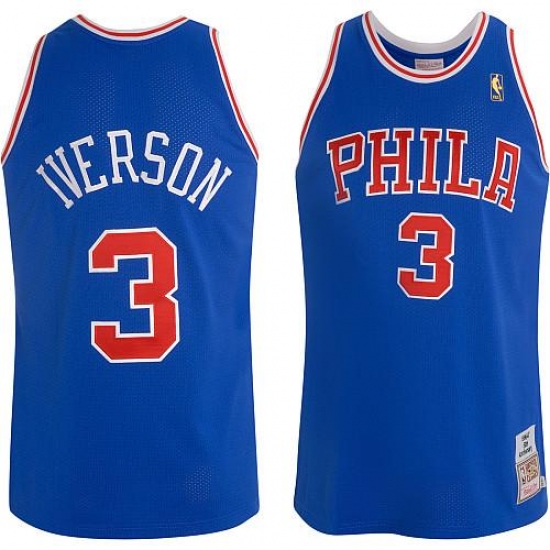 Men's Mitchell and Ness Philadelphia 76ers #3 Allen Iverson Authentic Blue Throwback NBA Jersey - Ujersey